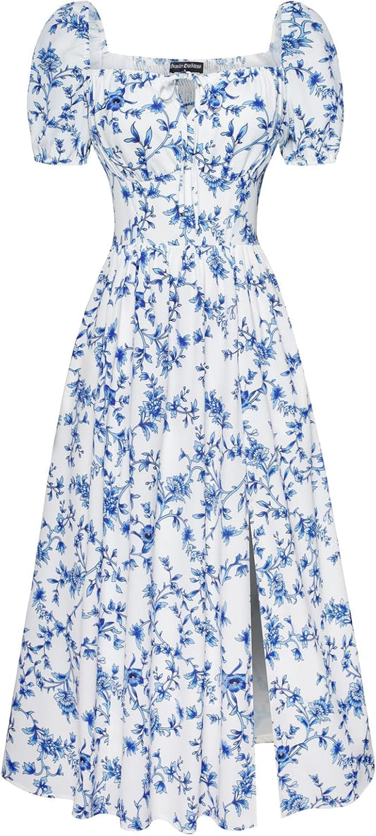 Women's Floral Corset Dress with Split 2026 Summer Spring Square Neck Midi Milkmaid Dresses
