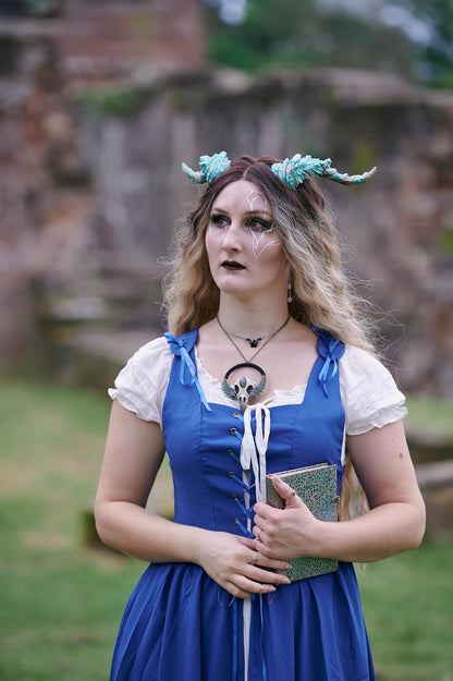 Renaissance Costume Women Peasant Medieval Dress Short Sleeve Maxi Fairy Dresses with Pockets