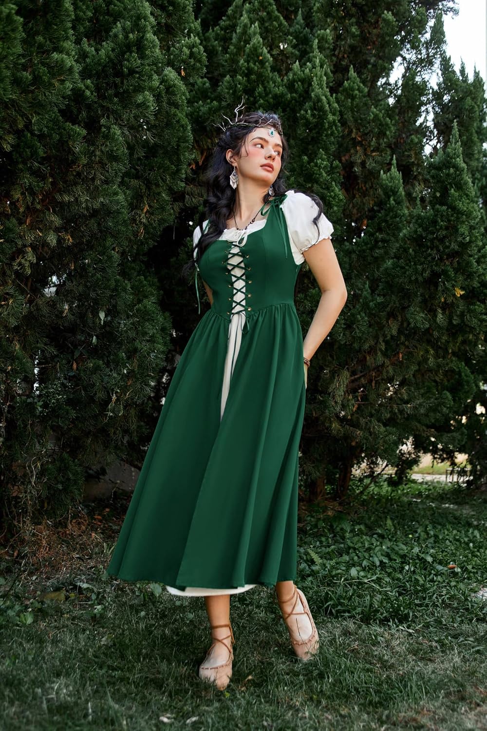 Renaissance Costume Women Peasant Medieval Dress Short Sleeve Maxi Fairy Dresses with Pockets