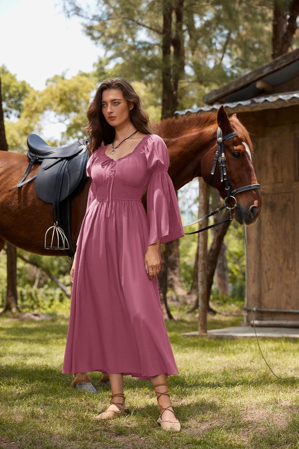 Renaissance Dress for Women Medieval Peasant Dress Long Bell Sleeve Dresses