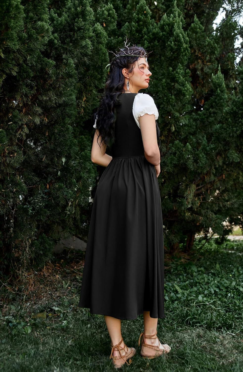 Renaissance Costume Women Peasant Medieval Dress Short Sleeve Maxi Fairy Dresses with Pockets