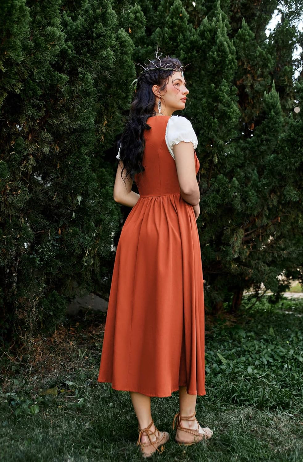 Renaissance Costume Women Peasant Medieval Dress Short Sleeve Maxi Fairy Dresses with Pockets