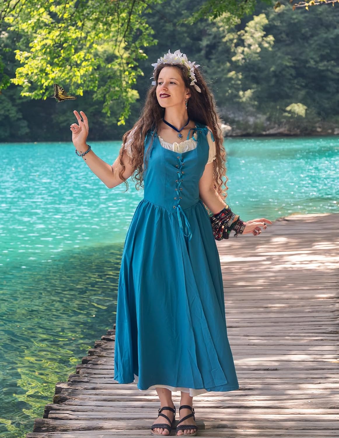 Renaissance Costume Women Peasant Medieval Dress Short Sleeve Maxi Fairy Dresses with Pockets