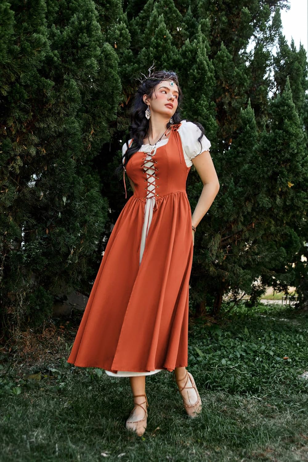 Renaissance Costume Women Peasant Medieval Dress Short Sleeve Maxi Fairy Dresses with Pockets