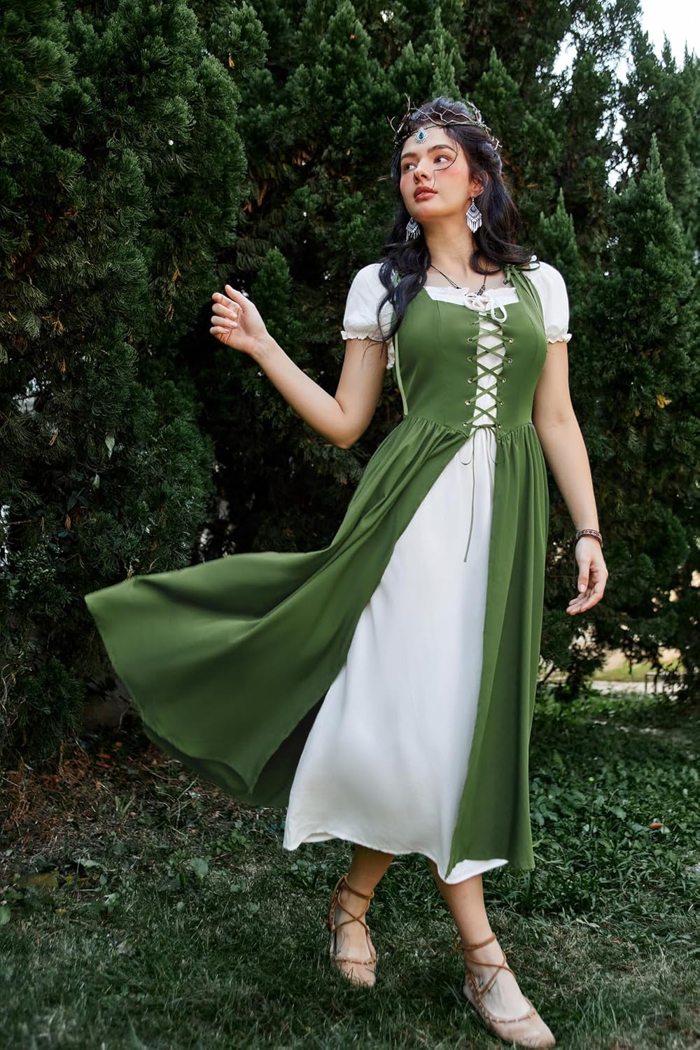 Renaissance Costume Women Peasant Medieval Dress Short Sleeve Maxi Fairy Dresses with Pockets