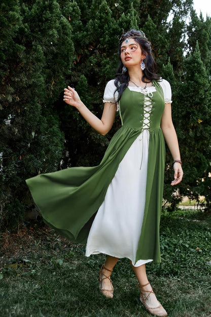 Renaissance Costume Women Peasant Medieval Dress Short Sleeve Maxi Fairy Dresses with Pockets