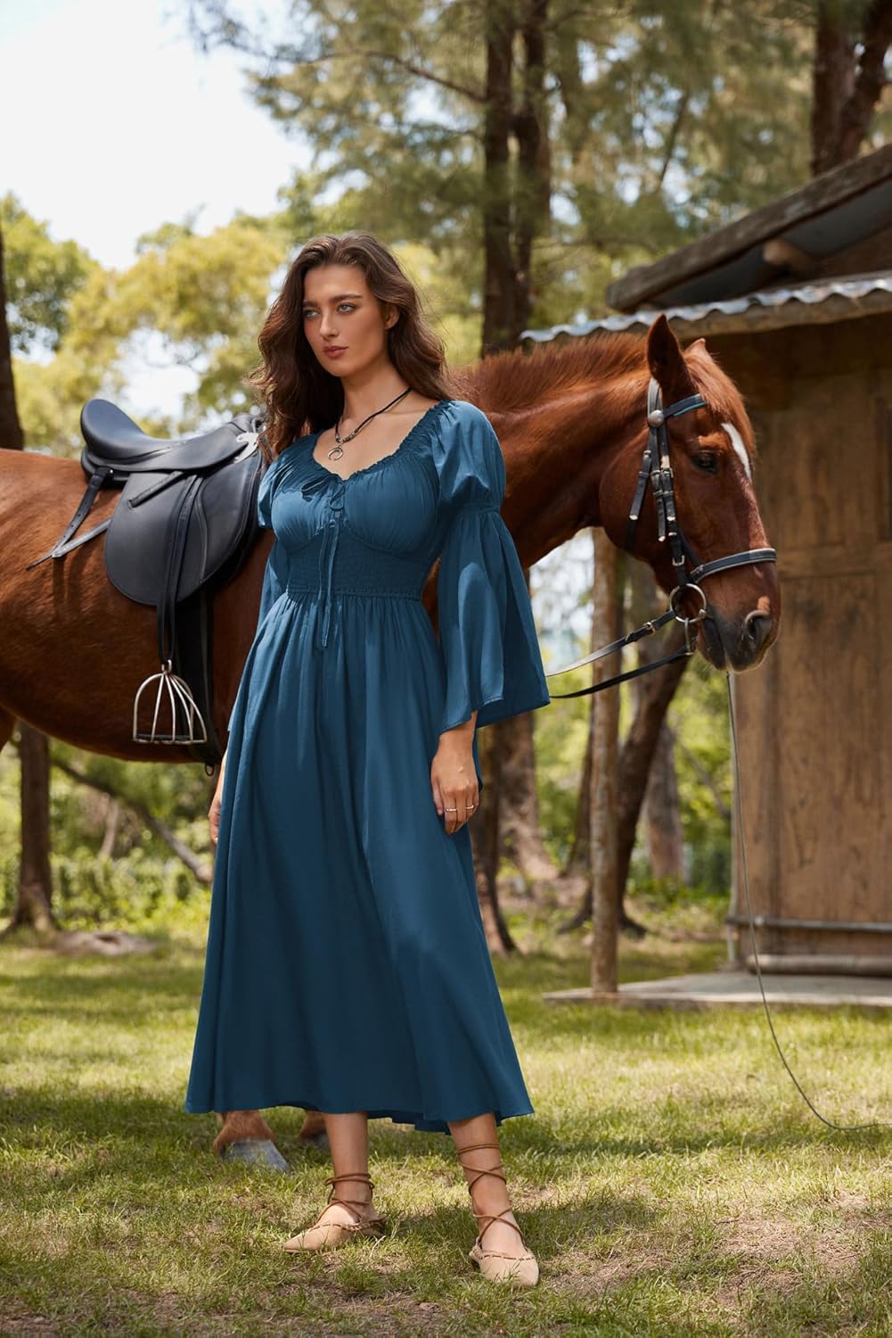 Renaissance Dress for Women Medieval Peasant Dress Long Bell Sleeve Dresses