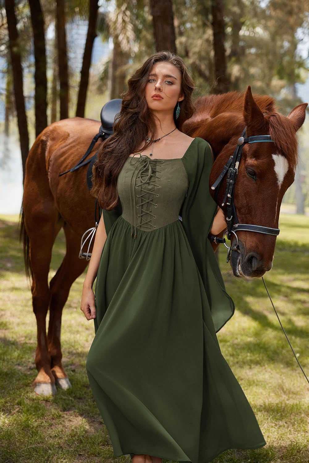 Renaissance Costume Women Pirate Dresses Split Bell Sleeve Medieval Ren Faire Dress with Pockets