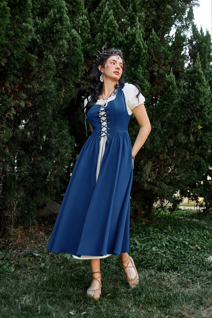 Renaissance Costume Women Peasant Medieval Dress Short Sleeve Maxi Fairy Dresses with Pockets