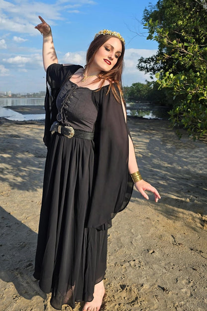 Renaissance Costume Women Pirate Dresses Split Bell Sleeve Medieval Ren Faire Dress with Pockets