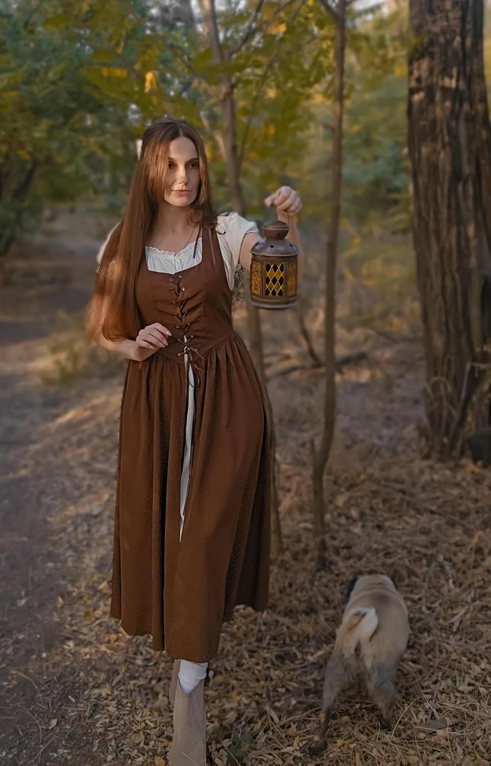 Renaissance Costume Women Peasant Medieval Dress Short Sleeve Maxi Fairy Dresses with Pockets