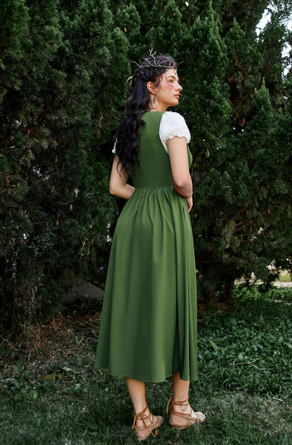 Renaissance Costume Women Peasant Medieval Dress Short Sleeve Maxi Fairy Dresses with Pockets