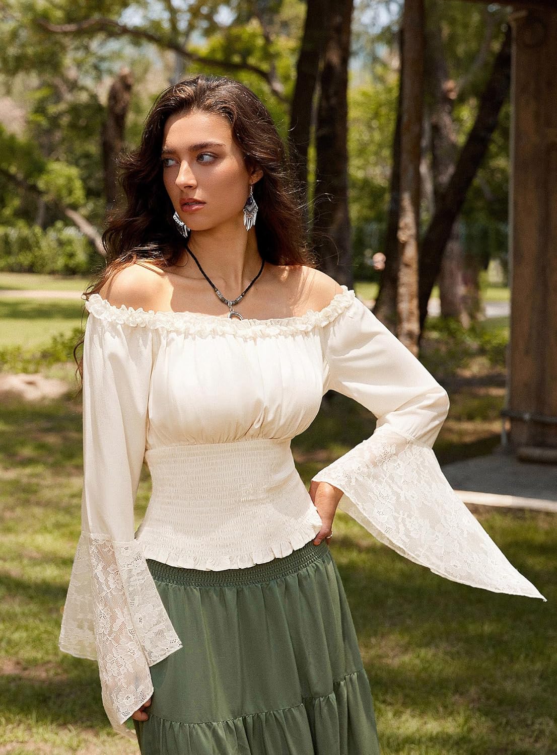 Renaissance Shirt Women Bell Sleeve Off The Shoulder Pirate Blouse Peasant Dressy Top