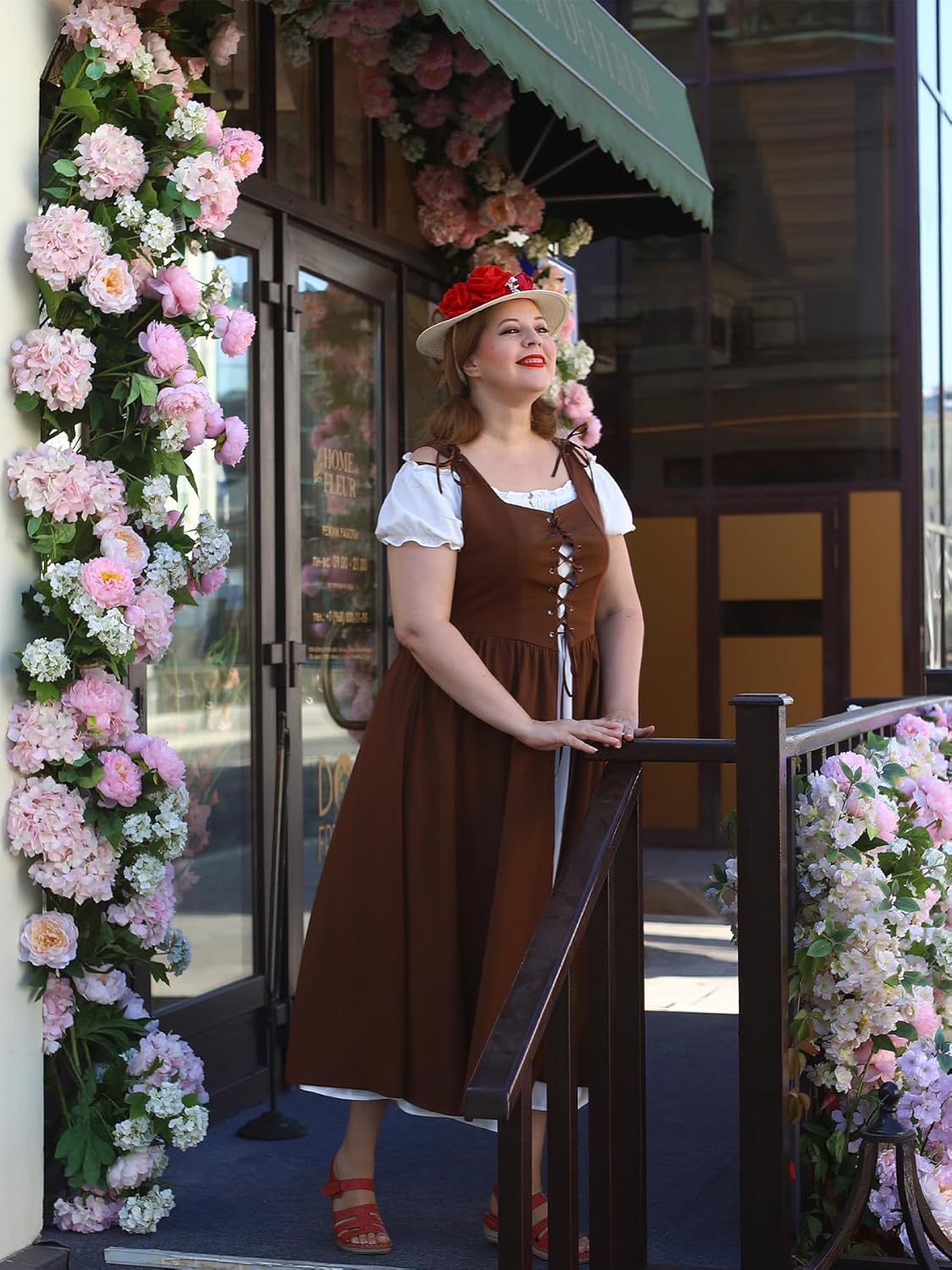 Renaissance Costume Women Peasant Medieval Dress Short Sleeve Maxi Fairy Dresses with Pockets