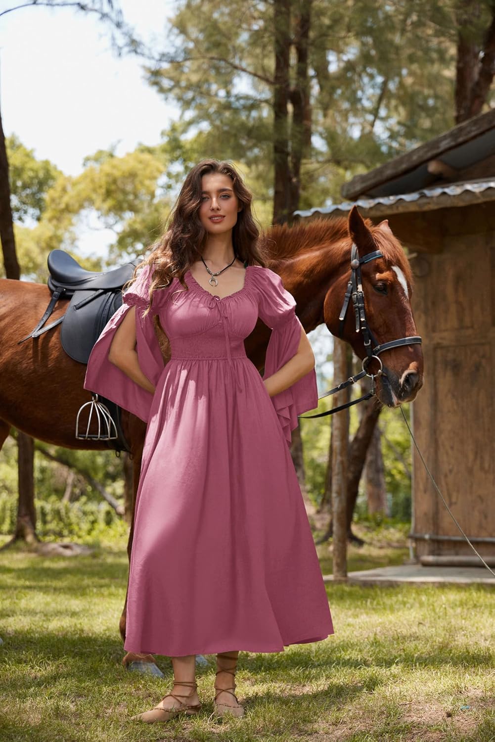 Renaissance Dress for Women Medieval Peasant Dress Long Bell Sleeve Dresses