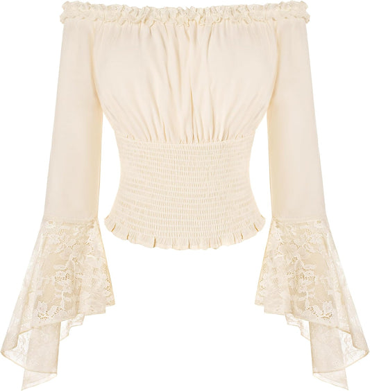 Renaissance Shirt Women Bell Sleeve Off The Shoulder Pirate Blouse Peasant Dressy Top