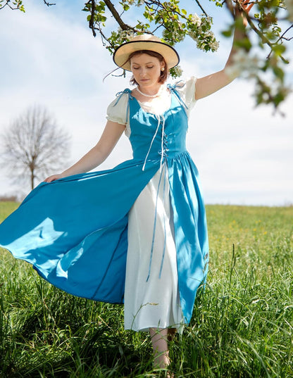 Renaissance Costume Women Peasant Medieval Dress Short Sleeve Maxi Fairy Dresses with Pockets
