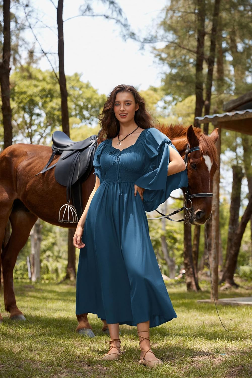 Renaissance Dress for Women Medieval Peasant Dress Long Bell Sleeve Dresses