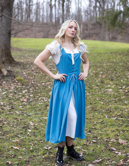 Renaissance Costume Women Peasant Medieval Dress Short Sleeve Maxi Fairy Dresses with Pockets