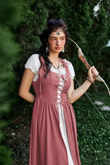 Renaissance Costume Women Peasant Medieval Dress Short Sleeve Maxi Fairy Dresses with Pockets