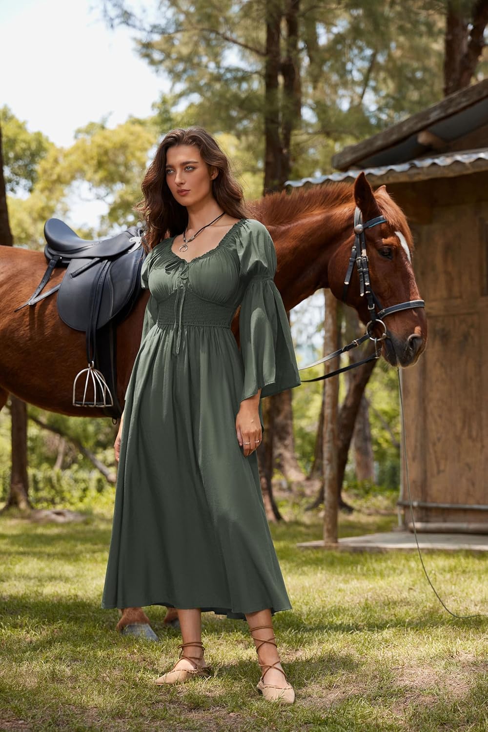 Renaissance Dress for Women Medieval Peasant Dress Long Bell Sleeve Dresses