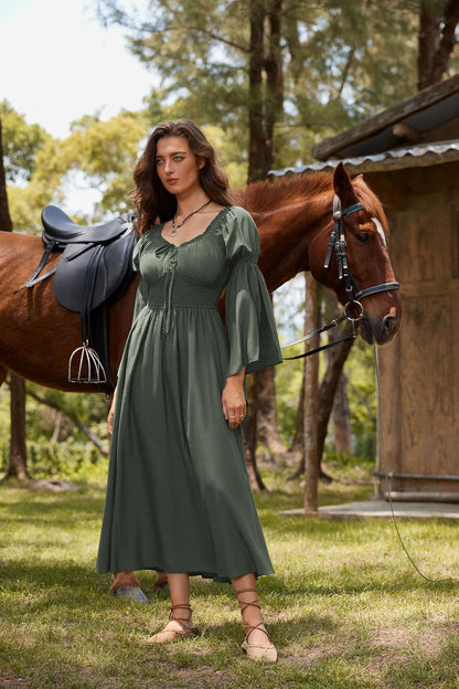 Renaissance Dress for Women Medieval Peasant Dress Long Bell Sleeve Dresses