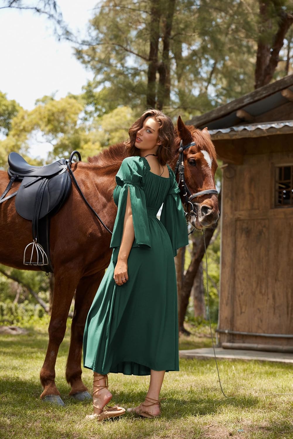 Renaissance Dress for Women Medieval Peasant Dress Long Bell Sleeve Dresses