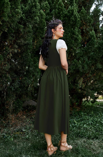 Renaissance Costume Women Peasant Medieval Dress Short Sleeve Maxi Fairy Dresses with Pockets