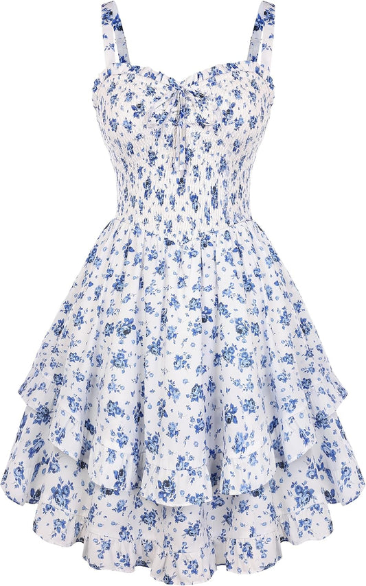 Smocked Floral Sundresses for Women Teens 2026 Summer Flowy Ruffle Mini Dress