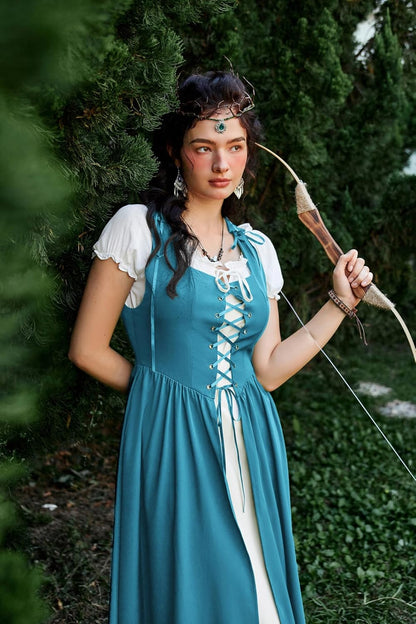 Renaissance Costume Women Peasant Medieval Dress Short Sleeve Maxi Fairy Dresses with Pockets