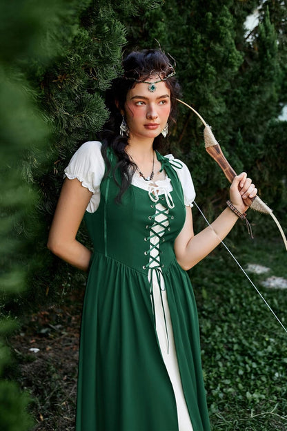 Renaissance Costume Women Peasant Medieval Dress Short Sleeve Maxi Fairy Dresses with Pockets