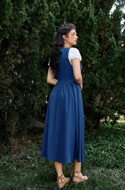 Renaissance Costume Women Peasant Medieval Dress Short Sleeve Maxi Fairy Dresses with Pockets