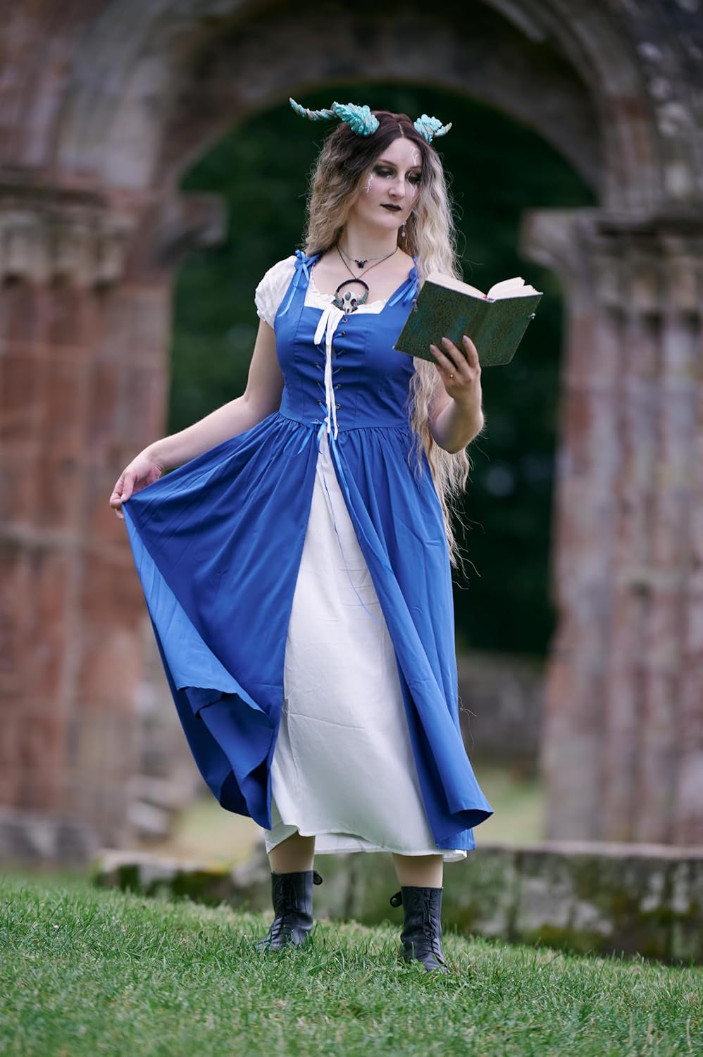 Renaissance Costume Women Peasant Medieval Dress Short Sleeve Maxi Fairy Dresses with Pockets