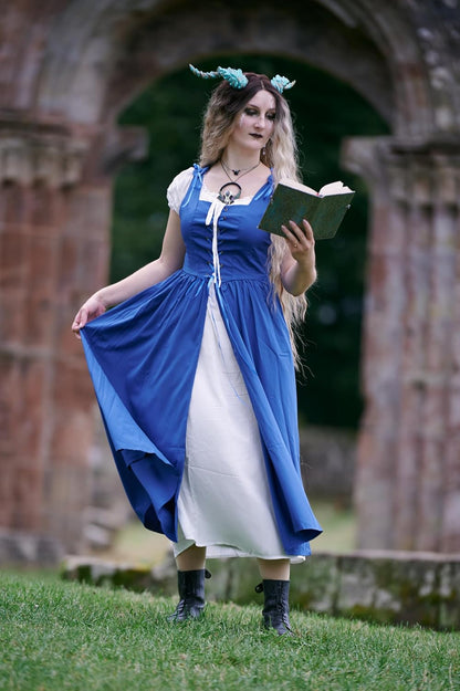 Renaissance Costume Women Peasant Medieval Dress Short Sleeve Maxi Fairy Dresses with Pockets