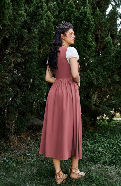 Renaissance Costume Women Peasant Medieval Dress Short Sleeve Maxi Fairy Dresses with Pockets