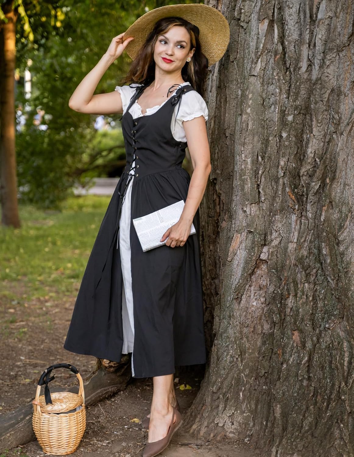 Renaissance Costume Women Peasant Medieval Dress Short Sleeve Maxi Fairy Dresses with Pockets