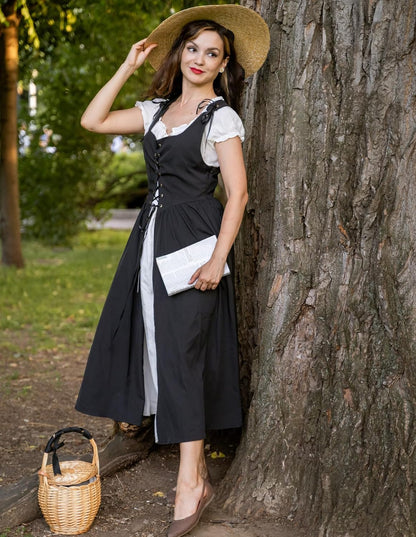 Renaissance Costume Women Peasant Medieval Dress Short Sleeve Maxi Fairy Dresses with Pockets
