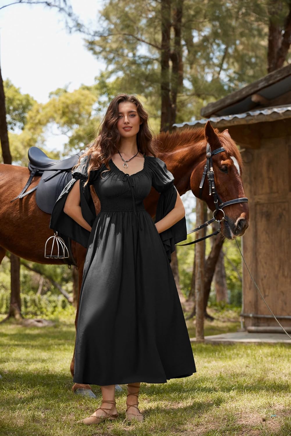 Renaissance Dress for Women Medieval Peasant Dress Long Bell Sleeve Dresses