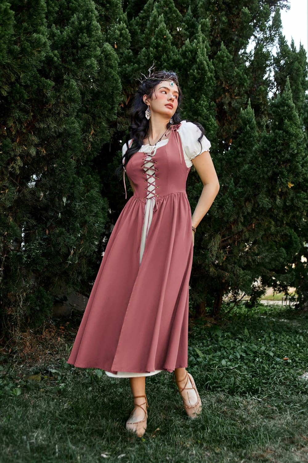 Renaissance Costume Women Peasant Medieval Dress Short Sleeve Maxi Fairy Dresses with Pockets