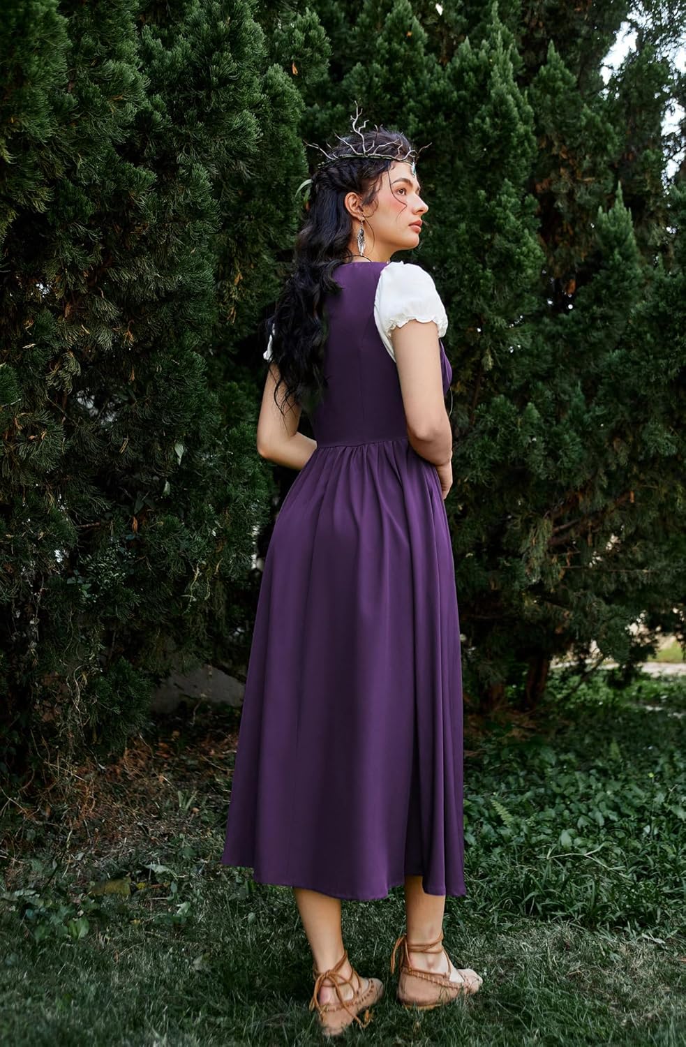 Renaissance Costume Women Peasant Medieval Dress Short Sleeve Maxi Fairy Dresses with Pockets