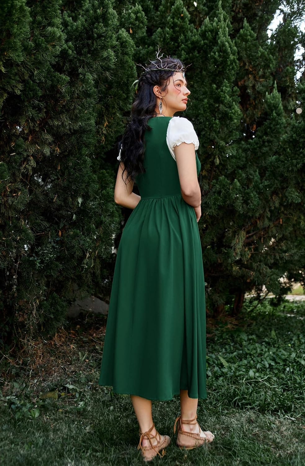 Renaissance Costume Women Peasant Medieval Dress Short Sleeve Maxi Fairy Dresses with Pockets