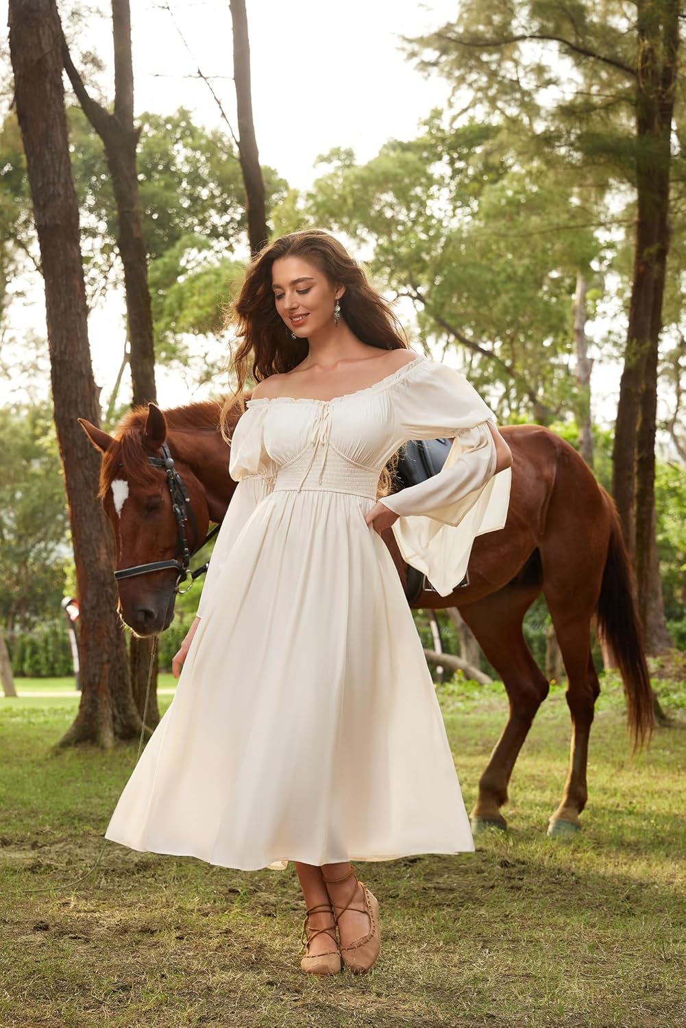 Renaissance Dress for Women Medieval Peasant Dress Long Bell Sleeve Dresses