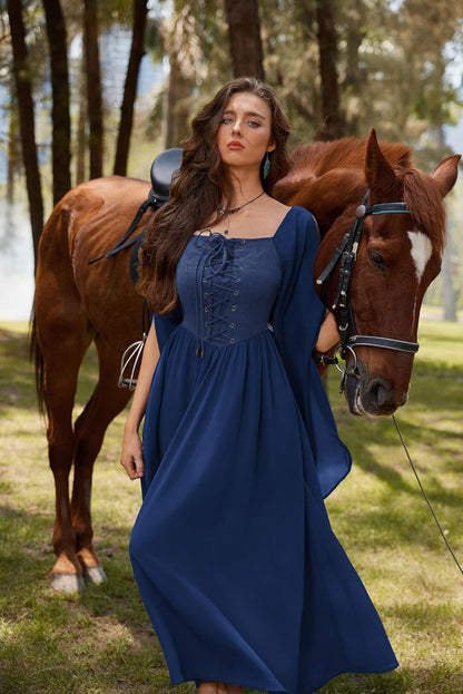 Renaissance Costume Women Pirate Dresses Split Bell Sleeve Medieval Ren Faire Dress with Pockets