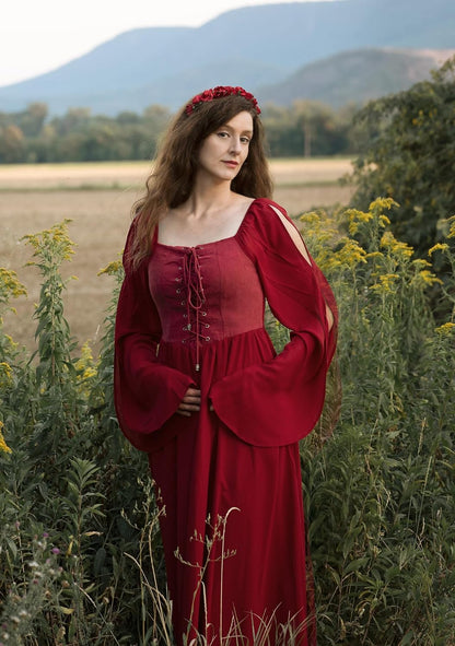 Renaissance Costume Women Pirate Dresses Split Bell Sleeve Medieval Ren Faire Dress with Pockets