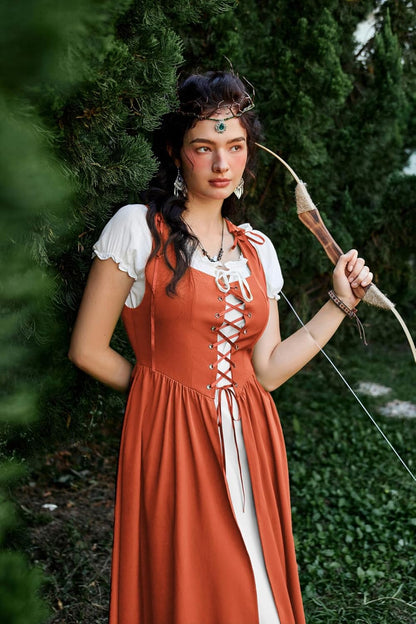 Renaissance Costume Women Peasant Medieval Dress Short Sleeve Maxi Fairy Dresses with Pockets