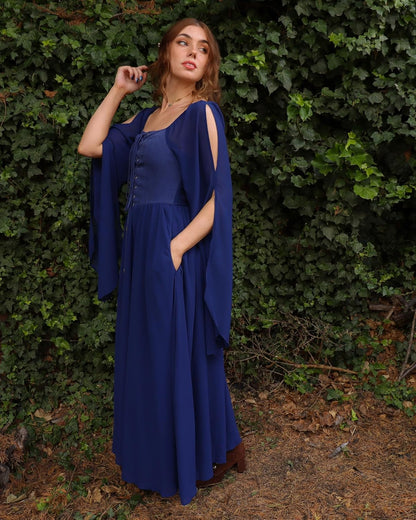 Renaissance Costume Women Pirate Dresses Split Bell Sleeve Medieval Ren Faire Dress with Pockets