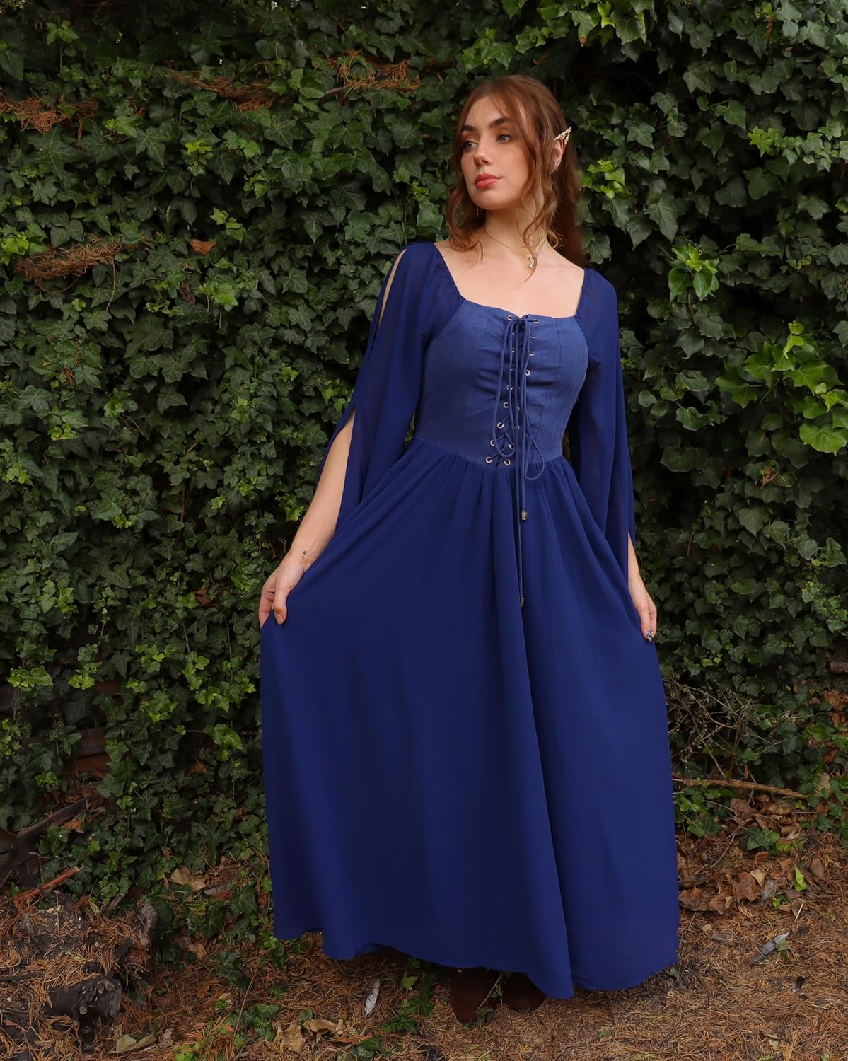 Renaissance Costume Women Pirate Dresses Split Bell Sleeve Medieval Ren Faire Dress with Pockets