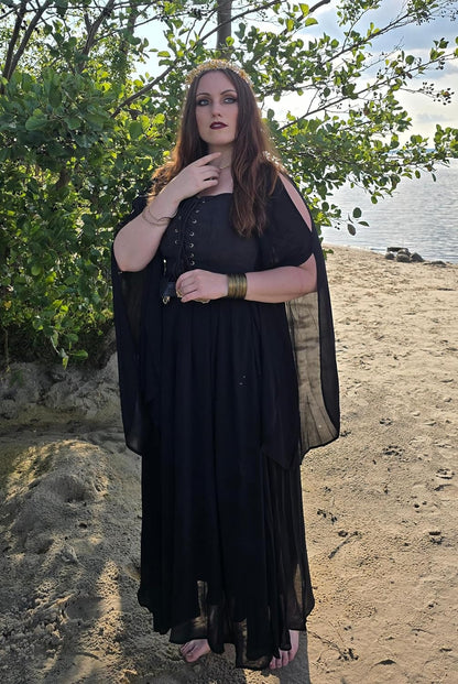 Renaissance Costume Women Pirate Dresses Split Bell Sleeve Medieval Ren Faire Dress with Pockets
